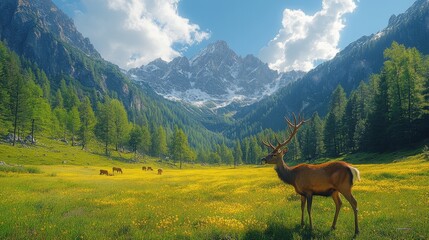 Naklejka premium Serene Alpine Meadow with Grazing Deer: A Tranquil Scene of Nature's Beauty and Wildlife Harmony