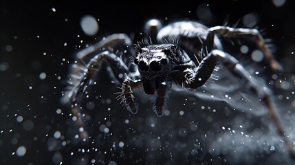 Jumping spider leaping, dark background, bokeh, 3D render, horror