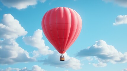 Obraz premium Red Hot Air Balloon Soaring Through a Bright Blue Sky with Fluffy White Clouds