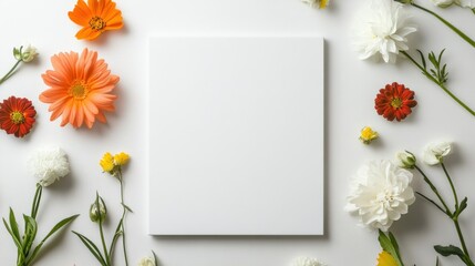 blank white canvas surrounded by colorful flowers on a white background