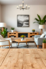 Empty wooden table top with blurred living room interior background. Space for product display and montage.
