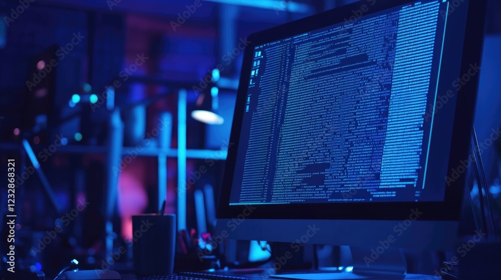 Poster computer screen displays lines of blue code at night