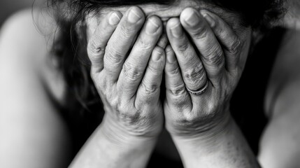 Close-up of a deeply pensive woman with her face buried in her hands, expressing emotion and introspection.