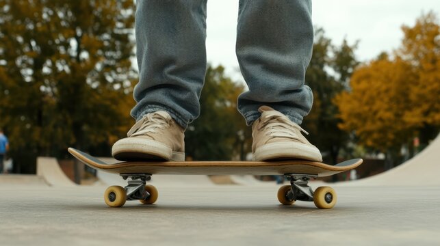 Close-up of a skateboarder’s poised legs and board on a skate park, capturing action-ready anticipation and youthful energy. - Powered by Adobe