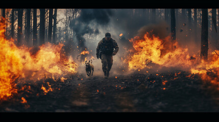 Fototapeta premium War veteran in a burning forrest