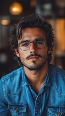 Fototapeta premium Young man with glasses wearing denim shirt, showcasing a serious expression in studio setting