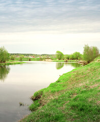 Fototapeta premium Calm river with a green bank and a few trees in the background