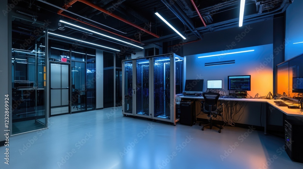 Poster modern server room with illuminated network equipment