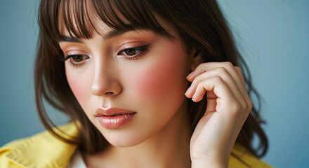 Woman portrait with makeup. Beauty portrait of young woman with hand near ear. Beautiful woman with makeup