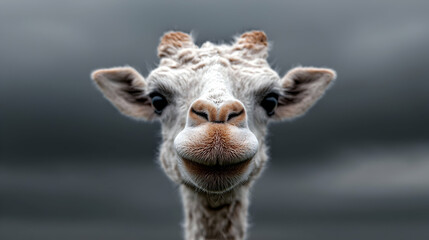 Obraz premium Smiling white giraffe portrait, cloudy sky background, wildlife reserve