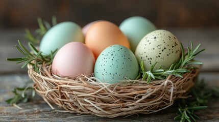 Obraz premium Colorful pastel eggs arranged in a basket surrounded by flowers on a marble surface