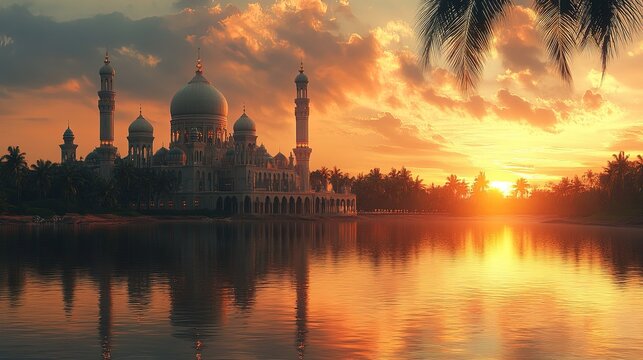 Sunset view of a mosque reflected in water, serene and picturesque setting 