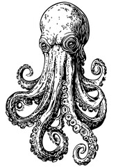 Stylized Cartoon Kraken Outline Versatile Vector Art, Sketch, Transparent Background 