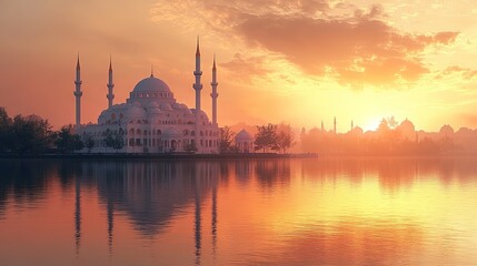 Fototapeta premium Sunset view of a mosque reflected in water, serene and picturesque setting 