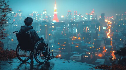 Obraz premium City skyline illuminated at night from an accessible viewpoint with a wheelchair user