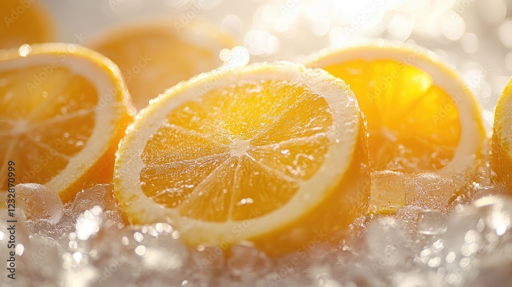Poster refreshing orange slices resting on ice cubes