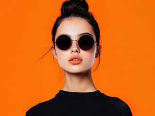 stylish woman with sunglasses and bun hairstyle on orange background