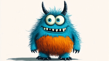 Fototapeta premium Funny Blue Cartoon Monster Illustration with Horns and Orange Stripes
