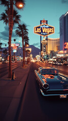 Retro Las Vegas Strip Scene with Classic Car at Night
