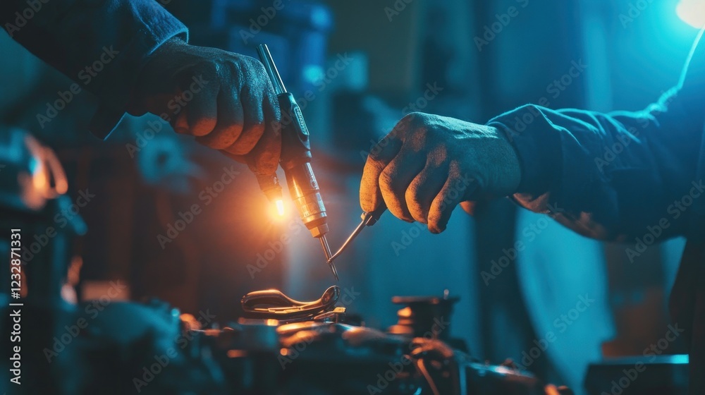 Poster mechanics carefully repair a vehicle part using specialized tools