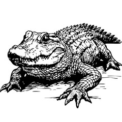 Timeless Cartoon Crocodile Silhouette Capturing Nature in Black and White, Sketch, Transparent Background
