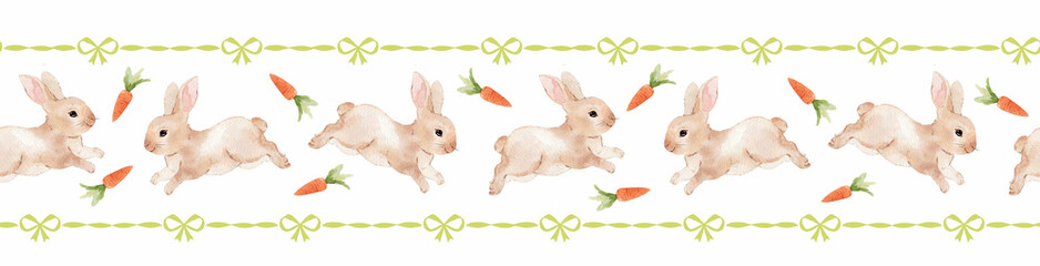 A delightful Easter-themed pattern featuring whimsical bunnies, vibrant carrots, and playful wavy stripes. The charming green checkered background is adorned with whimsical ribbon bows.