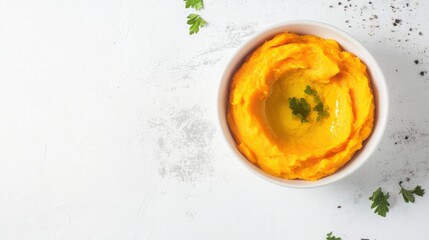 A simple bowl of plain mashed sweet potatoes, served in a minimalist white ceramic bowl with a light drizzle of olive oil, Sweet potatoes centered