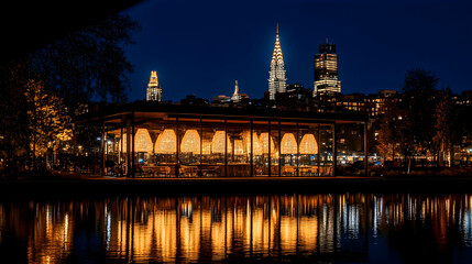Night cityscape with illuminated pavilion reflected in calm water.