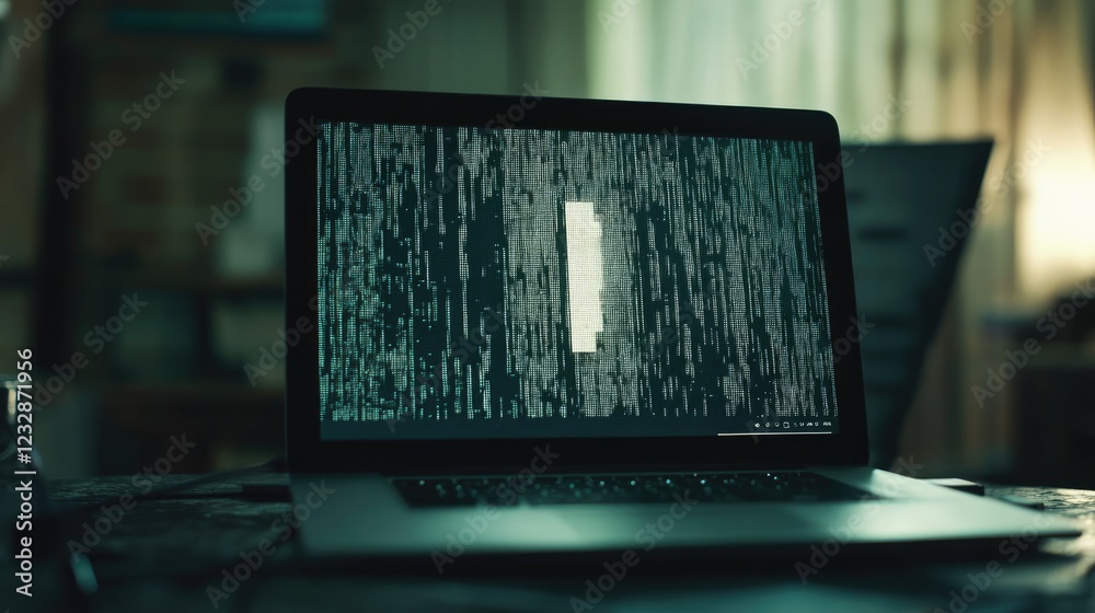 Poster laptop screen displays lines of green code