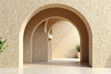 Obraz premium Arch in beige cut stone and travertine marble, stone carvings, travertine marble