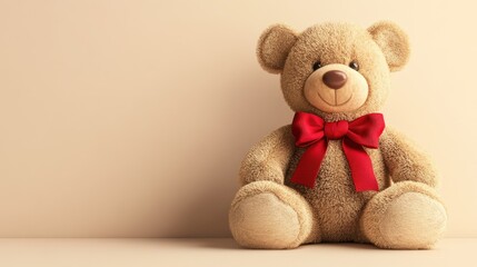Adorable Teddy Bear With Red Bow Sitting On Beige Background