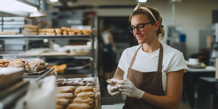 Female Baker Arranging Freshly Made Pastries in a Busy Bakery Kitchen