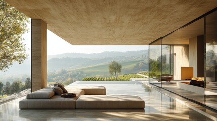 Stylish minimalist retreat featuring glass walls and views of rolling hills and vineyards