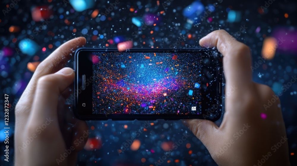 Poster hands holding smartphone displaying colorful galaxy image