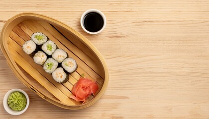 Delicious sushi rolls in a bamboo steamer. A perfect meal!