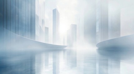 The abstract white and light blue gradient background, smooth curves, and skyscrapers create an ethereal atmosphere with clear lines and subtle gradients.