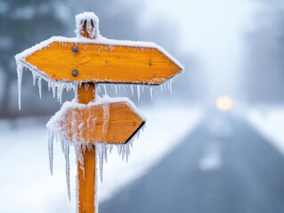 icy road sign covered in snow and icicles during a winter storm