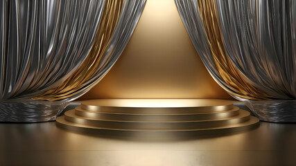 Fototapeta premium golden and silver royal stage with curtains on background