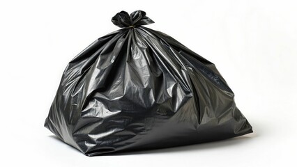 Large black plastic garbage bag on white background