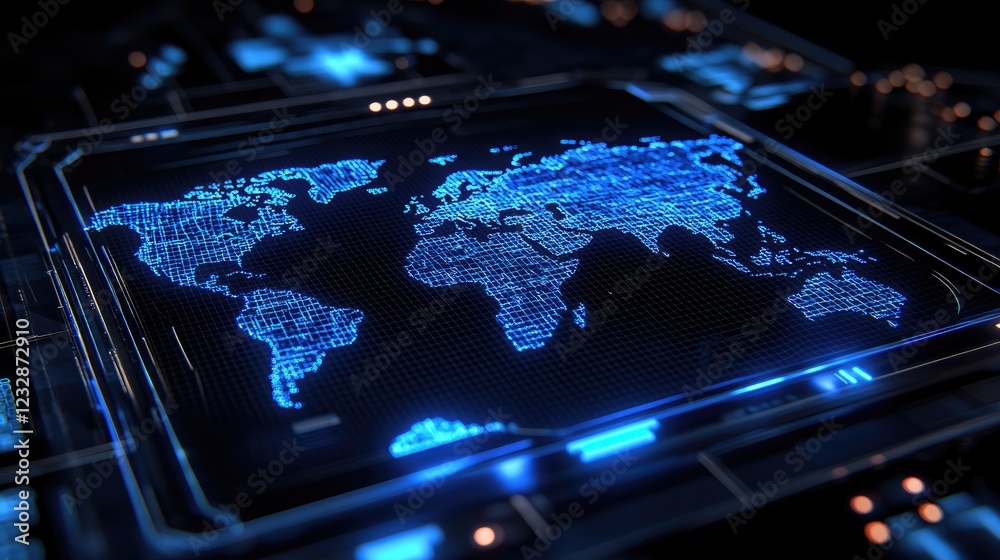 Poster Digital World Map Display Futuristic Technology Interface