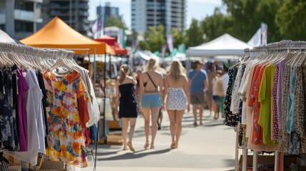 A lively outdoor market brims with colorful stalls under sunlit skies, bustling with diverse goods and people enjoying a vibrant day of shopping.