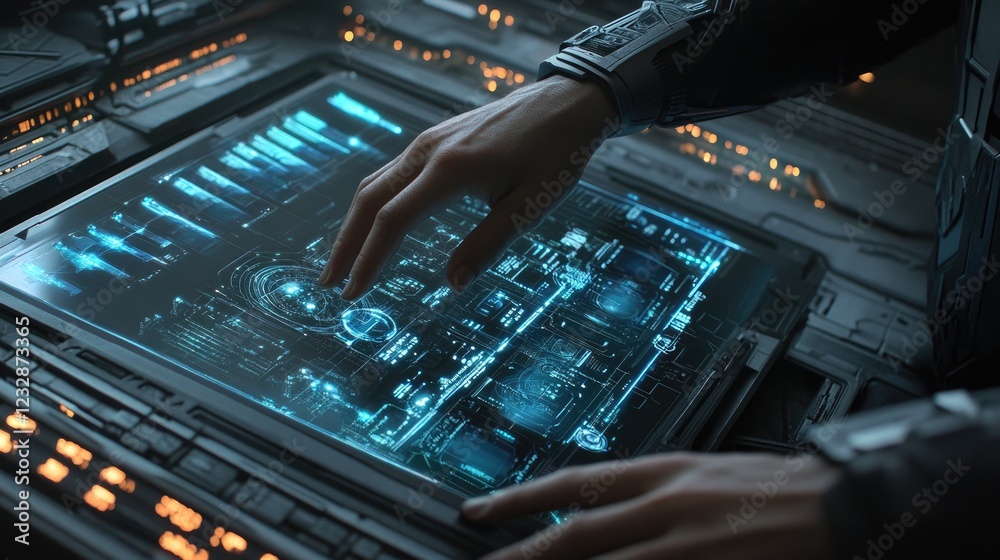 Poster futuristic hand interacts with advanced digital interface