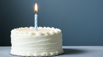 A minimalist birthday cake is adorned with a single lit candle glowing warmly, standing alone in serene simplicity, marking a special celebration.