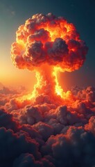 Massive atomic explosion cloud rising, fiery orange glow, smoke, apocalypse