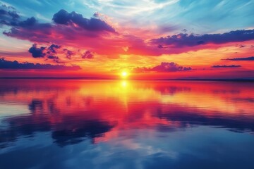 Obraz premium Colorful sunset over calm waters with vibrant reflections in the sky