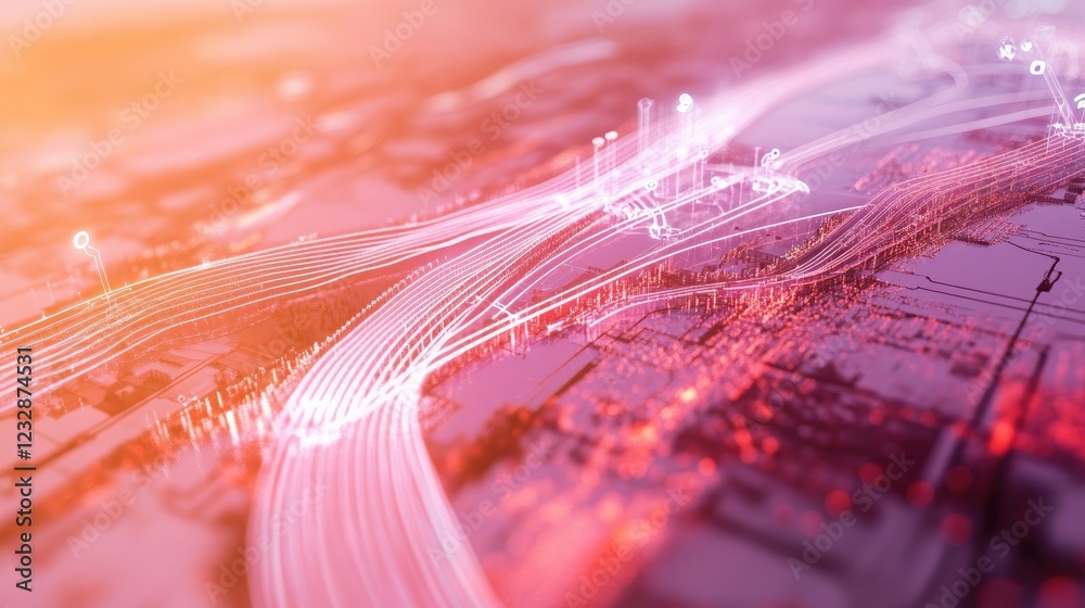 Aufkleber Abstract Network Data Flow Visualization Cityscape