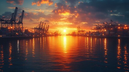 Obraz premium Misty harbor environment with illuminated cranes and shipping containers at night