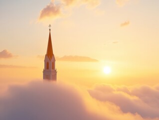 Obraz premium church steeple rising above the clouds at sunrise