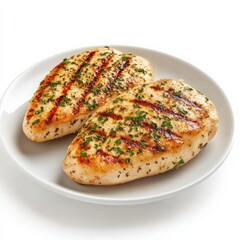 two grilled chicken breasts on a white plate
