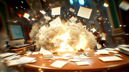 Office explosion with papers flying everywhere.